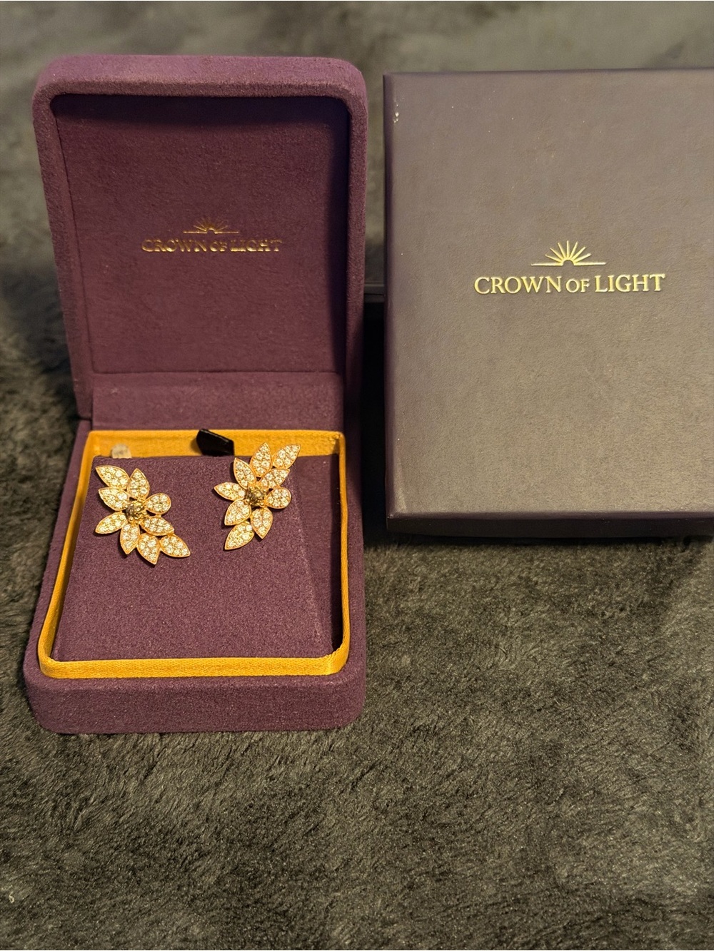 Gold Floral Crown Of Light Cluster Earrings - Purple Box